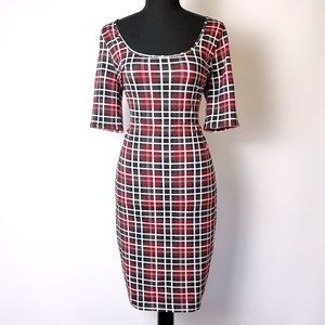 Casual Stretchy Plaid Print Knee Length Midi Dress VENUS Size M